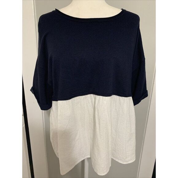 Zara Womens Navy Blue White Short Sleeve Sweater Top Medium - Picture 1 of 7